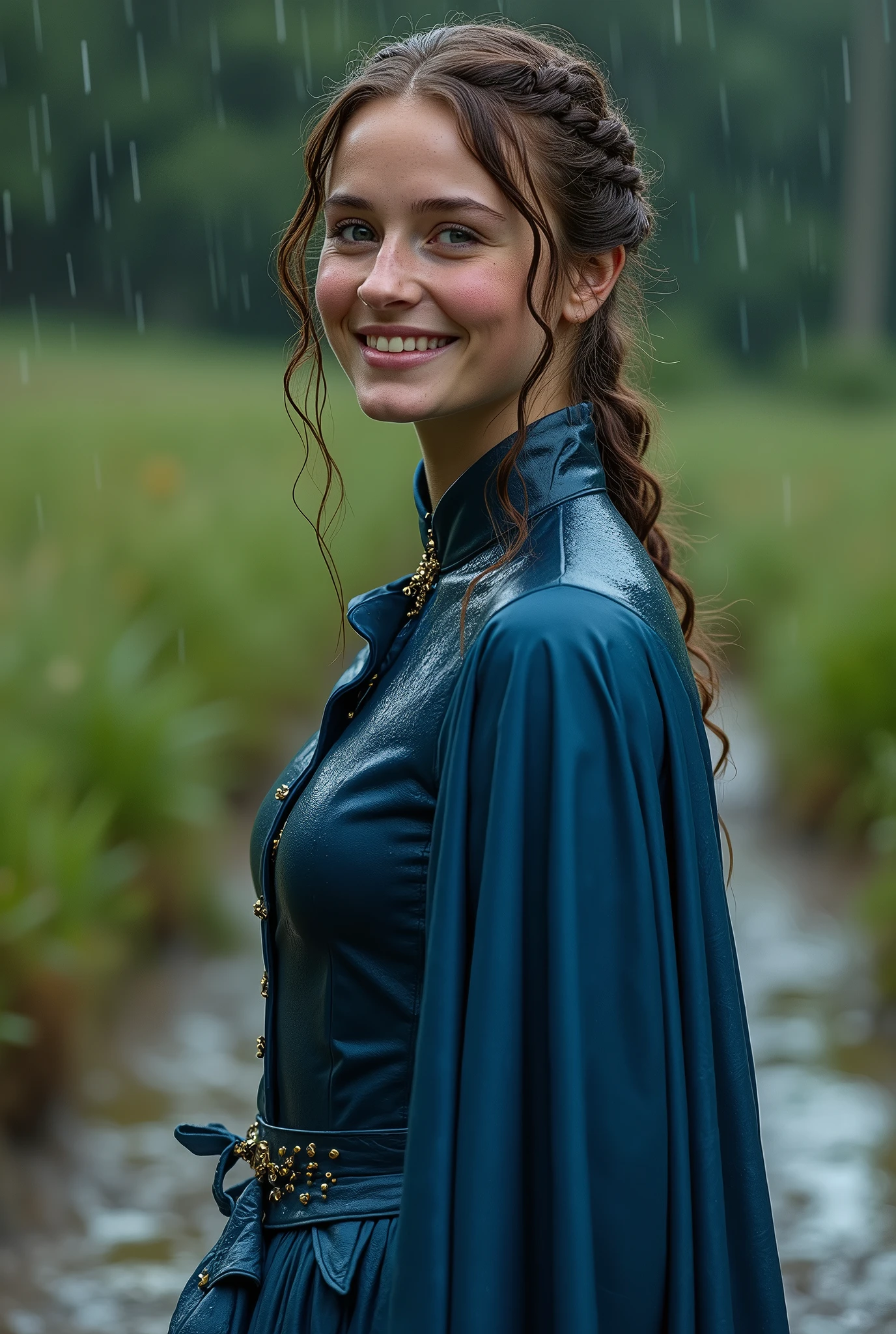 (masterpiece, best quality:1.2), cowboy shot, solo, 1girl, marianne von edmund, smile, looking at viewer, blue dress, capelet, wet clothes, soaked, dripping wet, wet hair, wet skin, translucent, glistening with oil, fully clothed, wet muddy field