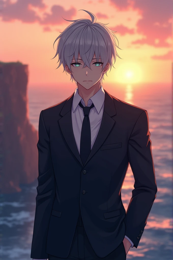 Well look, I just want a very very realistic anime character with a suit that can be seen from the waist up, The background should be standing in front of a cliff and the sea in the background while it is sunset, Its characteristics are, dull silver hair color, His eyes are a very dull crystal blue and his gaze is serious., your hair should not be so long, I want part of my hair combed back, that he looks serious and that he is mature, about 2, physically strong, I want him to have part of his hair combed back 