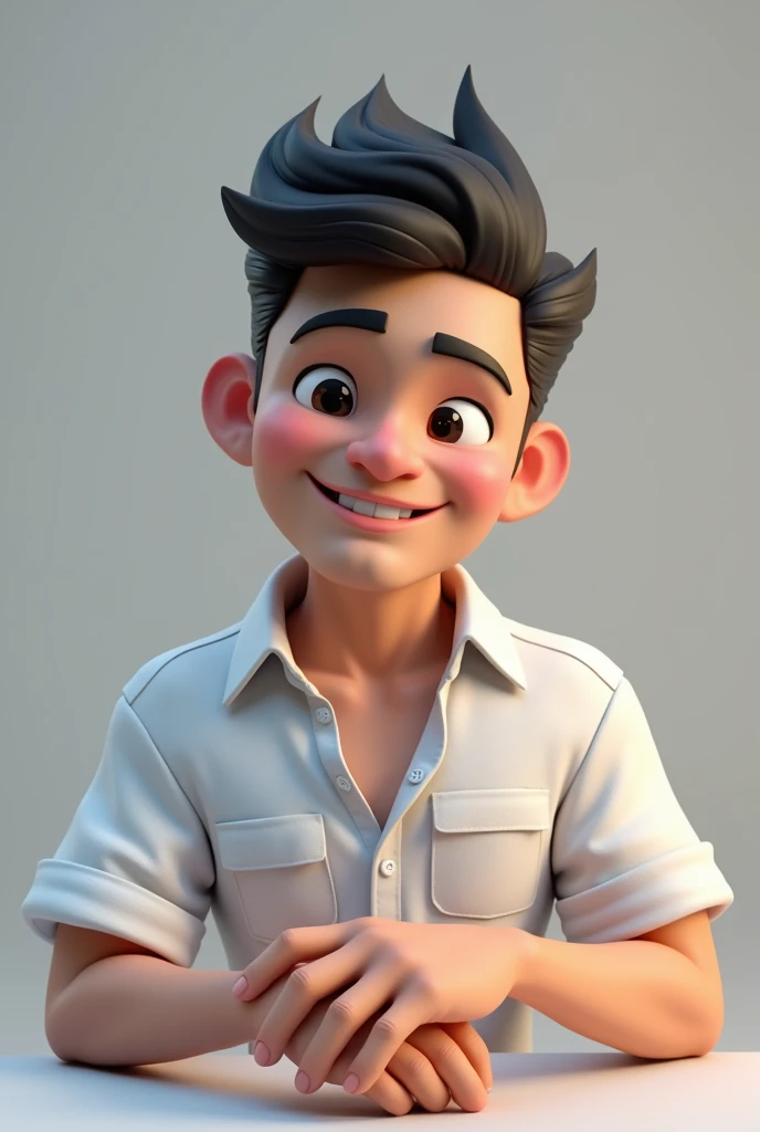A handsome  with a stubble of hair is sitting on the Bigo application logo., casually on top of the logo, the character must wear a white shirt named wawan fhgh, and the background uses his own bigo application profile named wawan fhgh, and the profile picture must be 3D