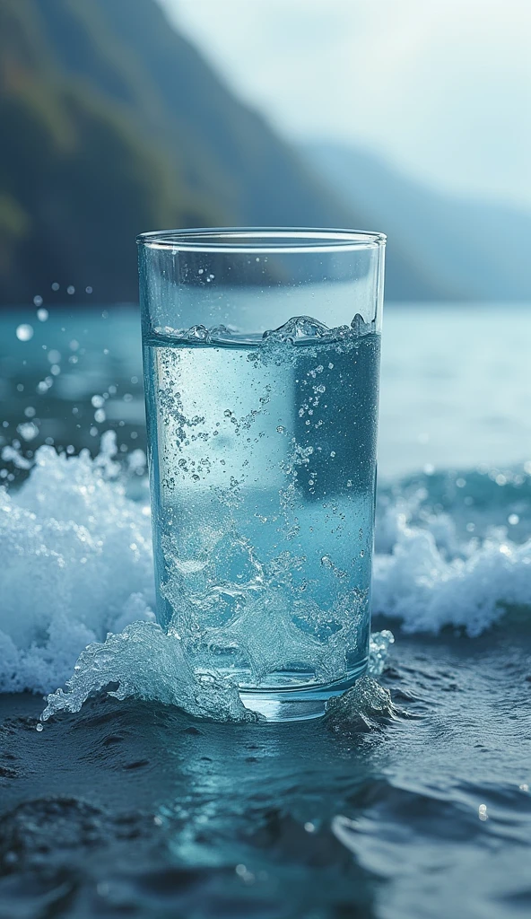 A glass of water being filled to the brim but never overflowing, despite the turbulence and waves around it. The glass represents inner strength and resilience amidst chaos."