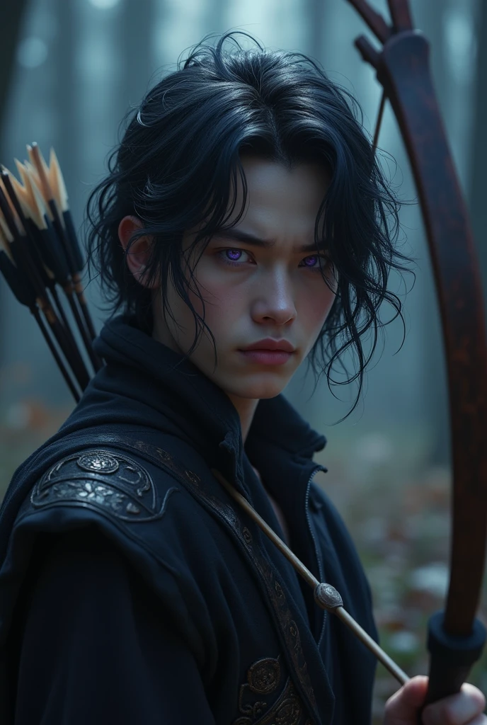 Gothic style 4K quality, digital drawing mode, male character Hank from dragon's den with dark fantasy theme, bow and arrow, haunted violet eyes, ancient runes, segurando um bow and arrow dourado, Blur the background to create a three-dimensional effect, atmosphere, standing in the dark underworld redeeming his dark magic, Radiant skin, Flying hair, Glossy lips, sad eyes, whole body, dynamic pose, real life size, Perfect Anatomia, Detailed texture skin, Full HD, 4K, HDR, Perfect Anatomia, Depth of field
