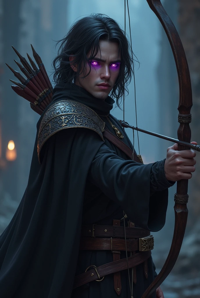 Gothic style 4K quality, digital drawing mode, male character Hank from dragon's den with dark fantasy theme, bow and arrow, haunted violet eyes, ancient runes, segurando um bow and arrow dourado, Blur the background to create a three-dimensional effect, atmosphere, standing in the dark underworld redeeming his dark magic, Radiant skin, Flying hair, Glossy lips, sad eyes, whole body, dynamic pose, real life size, Perfect Anatomia, Detailed texture skin, Full HD, 4K, HDR, Perfect Anatomia, Depth of field