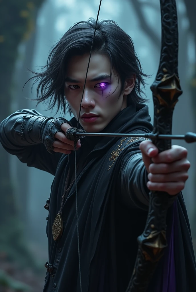 Gothic style 4K quality, digital drawing mode, male character Hank from dragon's den with dark fantasy theme, bow and arrow, haunted violet eyes, ancient runes, segurando um bow and arrow dourado, Blur the background to create a three-dimensional effect, atmosphere, standing in the dark underworld redeeming his dark magic, Radiant skin, Flying hair, Glossy lips, sad eyes, whole body, dynamic pose, real life size, Perfect Anatomia, Detailed texture skin, Full HD, 4K, HDR, Perfect Anatomia, Depth of field
