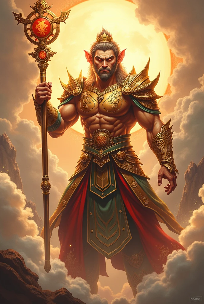 Good quality, 8k, Sun Wukong, the monkey king, in divine armor, with a divine stick in his hands