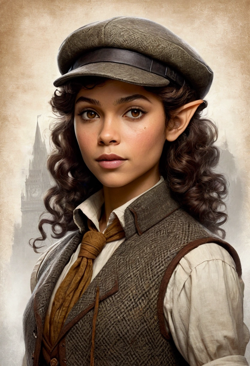 An illustrated movie poster, hand-drawn, full color, an elven maiden, wearing a tweed vest and a newsie cap, tall, toned, amazonian stature, athletic hourglass figure, long pointy elf ears, amber eyes, dark hair, curly bob cut, warm almond skintone, freckles, resembles Zendaya, standing on a foggy Victorian-era street corner, graphite shading, stencil marks, airbrushed acrylic paint, masterpiece, in the style of Sherlock Holmes, elf ears
