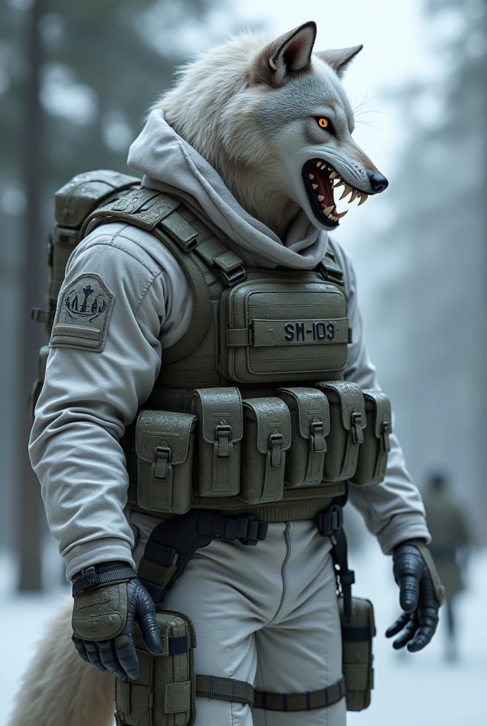 I would like a swat police officer in uniform , white camouflage .
But with a wolf face.
With an ak 103 tactical vest.
with helmet