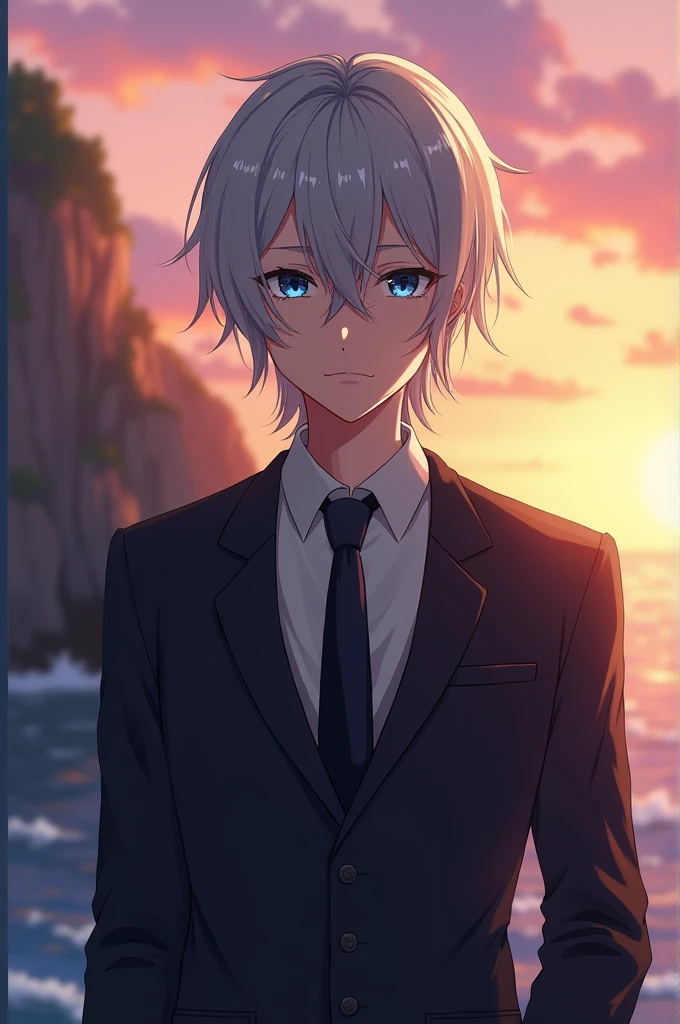 Well look, I just want a very very realistic anime character with a suit that can be seen from the waist up, The background should be standing in front of a cliff and the sea in the background while it is sunset, Its characteristics are, dull silver hair color, His eyes are a very dull crystal blue and his gaze is serious., your hair should not be so long, I want part of my hair combed back, that he looks serious and that he is mature, about 2, physically strong, I want him to have part of his hair combed back