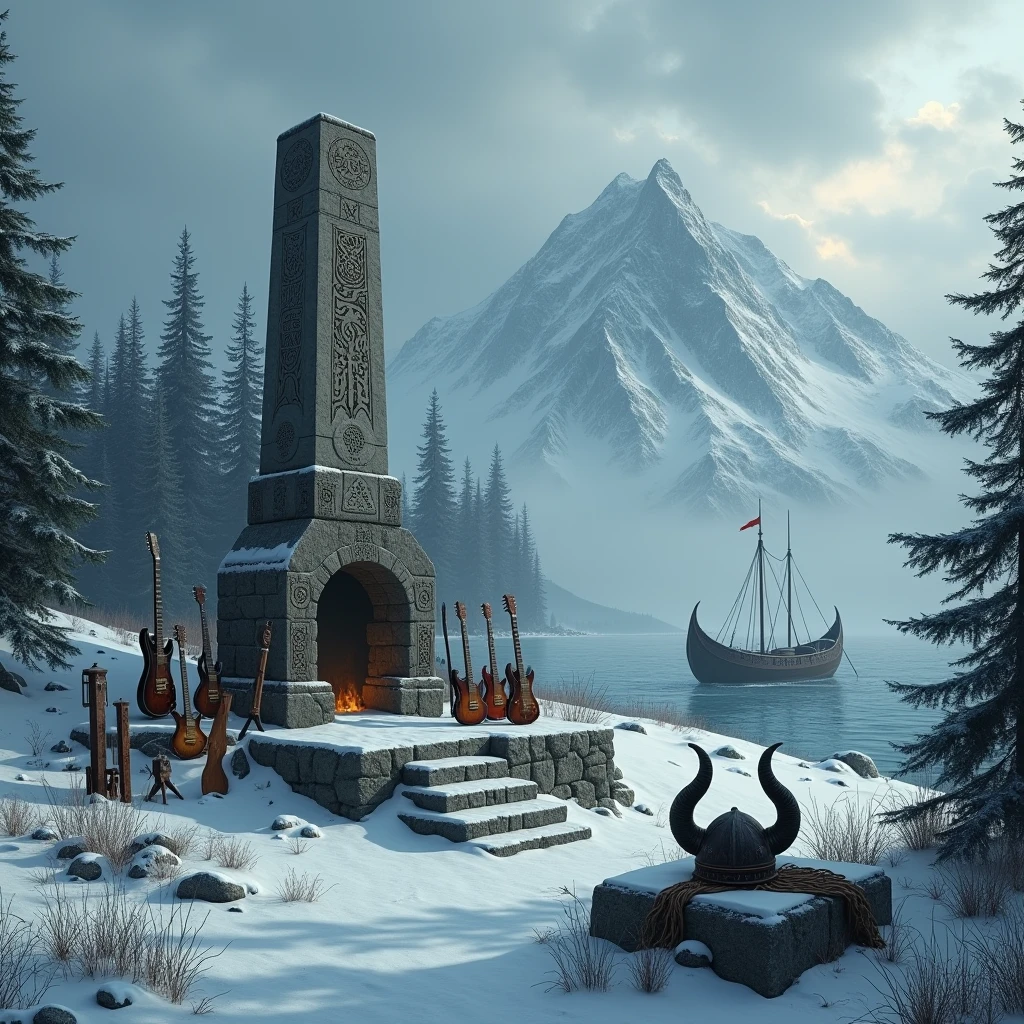 A desolate and snowy Nordic landscape, with rugged mountains and ice-covered pine forests. In the middle, a stone altar covered in ancient runes and pagan symbols, rodeado de instrumentos musicales como electric guitars y drums. A Viking helmet rests on a stone throne, surrounded by rusty weapons and armor. A drakkar (Viking ship) is stranded on the coast, with her sails torn and her keel splintered. The sky is covered with dark and stormy clouds, and an aura of mystery and power hangs over the landscape. The scene evokes the feeling of strength, nature and Nordic mythology that characterizes the Viking metal genre The focus of attention and center of the image, It is the throne with the instruments, electric guitars, drums, It should be in the center or middle of the image and close to the screen and the Viking helmet should have horns but no people

