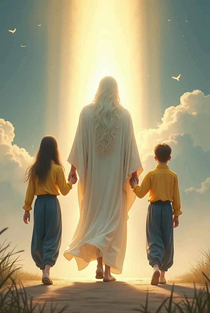 God walking with two children, a girl and a boy holding God's hand and wearing a uniform of a yellow shirt and long navy blue pants.