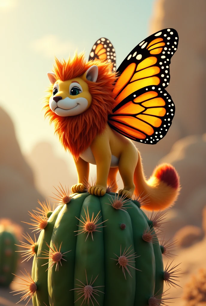 Create a purple axolotl that has a lion&#39;s mane behind the axolotl&#39;s head, fox tail and monarch butterfly wings on her back, The axolotl will be standing on a cactus 