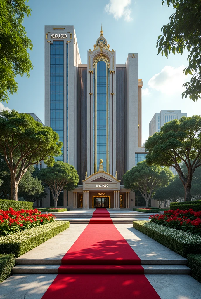 A luxurious, presidential standard company headquarters with the name NEXUS(CEO) on it and red carpet on entrance with Singaporean architecture,grass, flowers and on it's own space and compound where is the name NEXUS (CEO) can't see the words 
