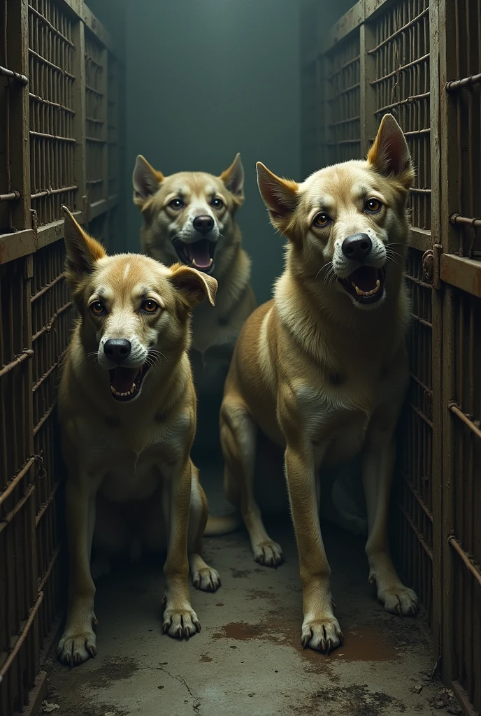 Generate an image of some dogs locked up, being mistreated and suffering