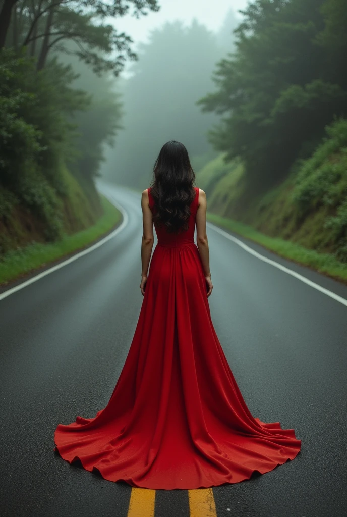 A WOMAN IN A RED DRESS WITH HER BACK AT THE BOTTOM OF A ROAD WITH TWO WAYS