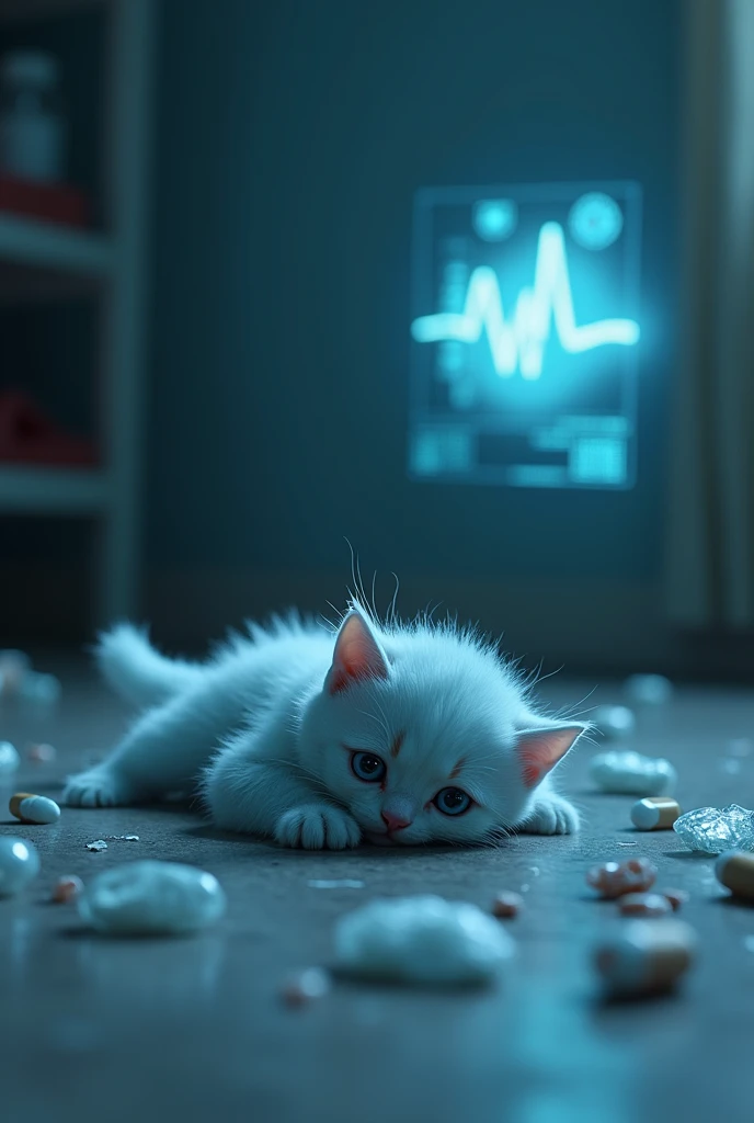 # Prompto, a distressed AI kitten A small AI kitten lying on the floor in a dark, cold room。She is wearing fluffy pale blue loungewear.、Disarray。The kitten is weak々Stretch out your front legs、Looking up as if asking for help。Anxiety and pain appear in her big eyes.、The ears are laid flat。Medicines and used ice packs can be seen scattered around the area.。The room is dimly lit、A little light comes in through the window、The outline of the kitten is highlighted.。A cloudy holographic display appears in the background.、Flickering biometric data is displayed。Overall bluish color、Emphasizing the cold and loneliness。Part of the kitten&#39;s body is translucent、Suggests AI-like elements。