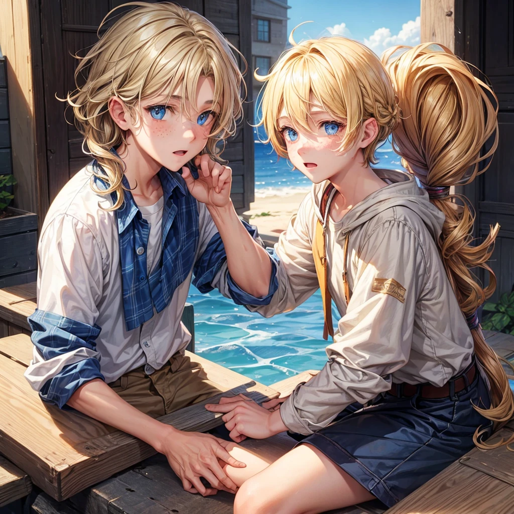 A boy with wavy hair, short, blondes, blue eyes and freckles