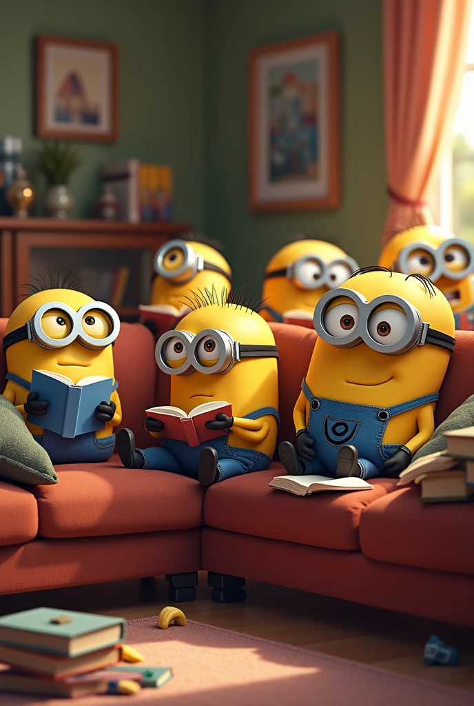 minions sitting in living room, reading