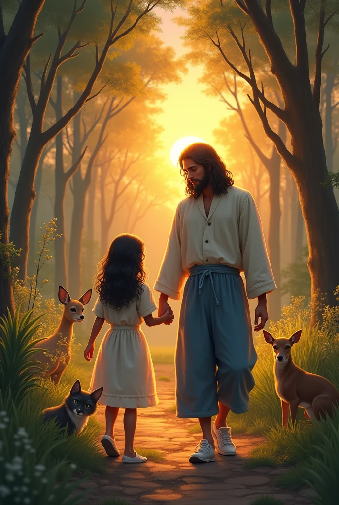 A scene with trees, a sunset, with a deer, cats and a puppy, Jesus also hugging a young girl by the waist showing her the way wearing a short white shirt and wide blue cargo pants, a pair of white sneakers, She has long wavy black hair