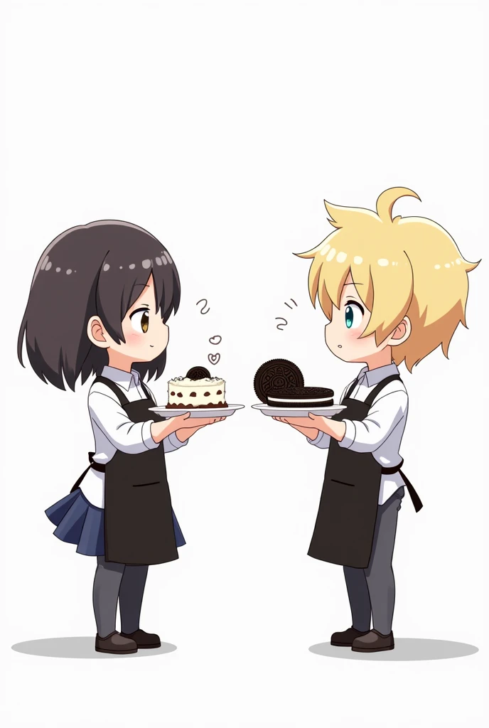 Boy in black apron holding a plate with oreo cream and a Girl in black apron holding a plate with oreo sandwich anime chibi White background