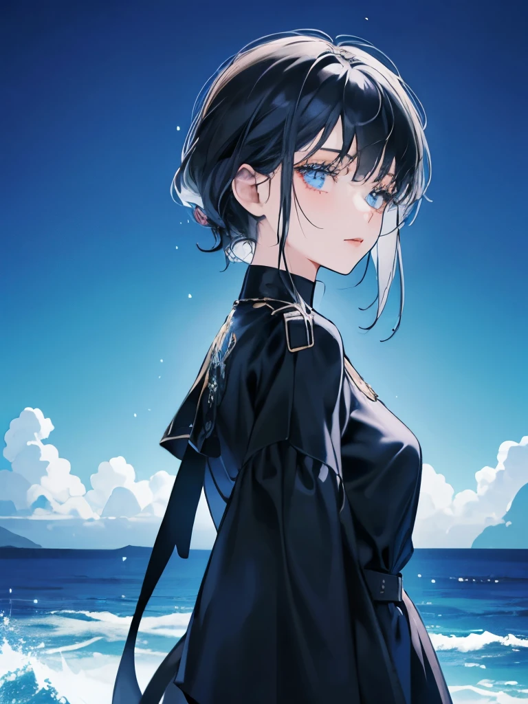 Beautiful young adult woman, short black hair, dark blue eyes, black clothing covered by a navy blue tunic, water magic, ultra detailed, ocean background