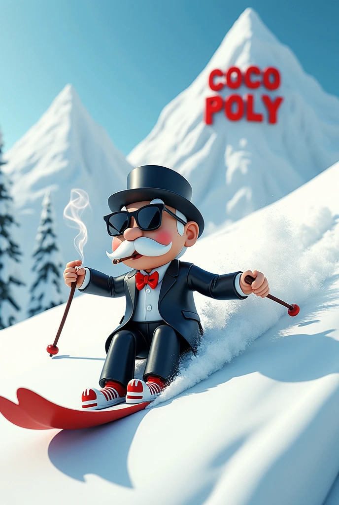 monsieur monoply avec des lunettes noir et un joint a la bouche qui descend une montagne en ski avec derriere lui une avalanche qui tombe de la montagne avec ecrit dessus sur l'avalanche COCO POLY en blanc en 3d sur l'avalanche deriere monsieur monopoly en cartoon