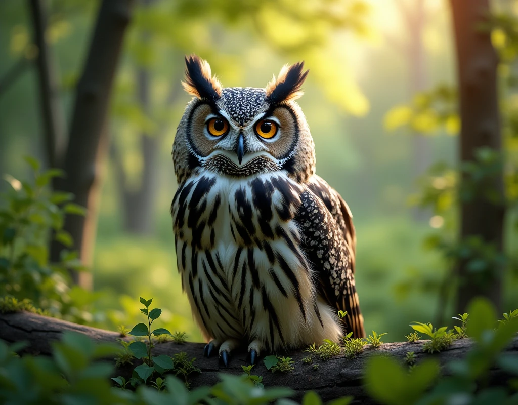 Great gray owl at the forest, summer, great gray owl, ultra detailed, hyperrealistic, proffesional, camera canon 5d mkII. lens canon 100-400mm mkII f4.5