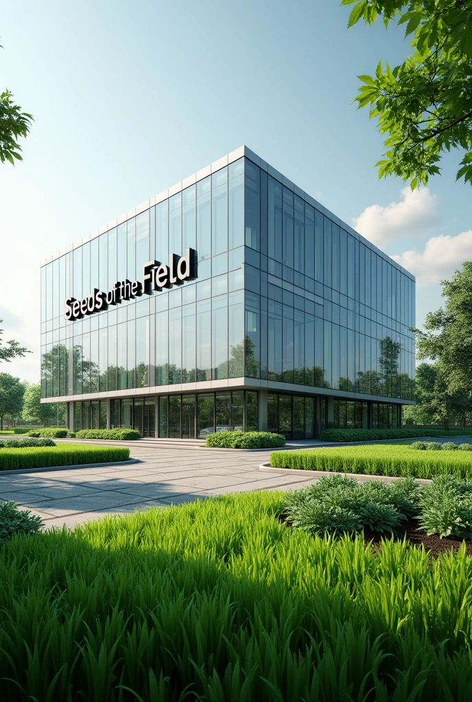 make an image of a building of a large company focused on selling seeds with the name "seeds of the field&#39; put the company name in big letters and a sign with the company name too

 