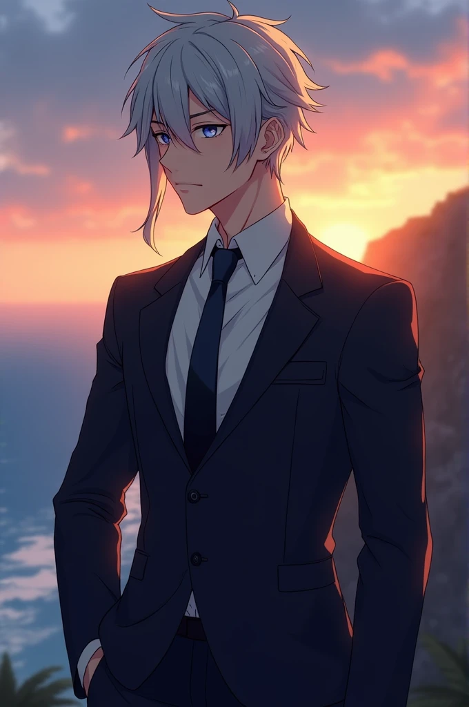 Well look, I just want a very very realistic anime character with a suit that can be seen from the waist up, The background should be standing in front of a cliff and the sea in the background while it is sunset, Its characteristics are, dull silver hair color, His eyes are a very dull crystal blue and his gaze is serious., your hair should not be so long, I want part of my hair combed back, that he looks serious and that he is mature, about 2, physically strong, imposing 