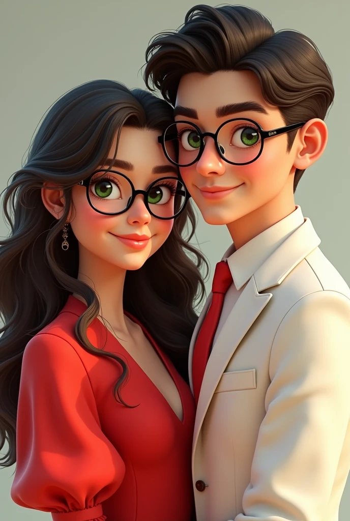 Make a picture of me (I have curly hair, I wear glasses and have brown eyes, wearing a red dress And make a black haired boy, greeneyes, who is wearing a white suit with a red tie