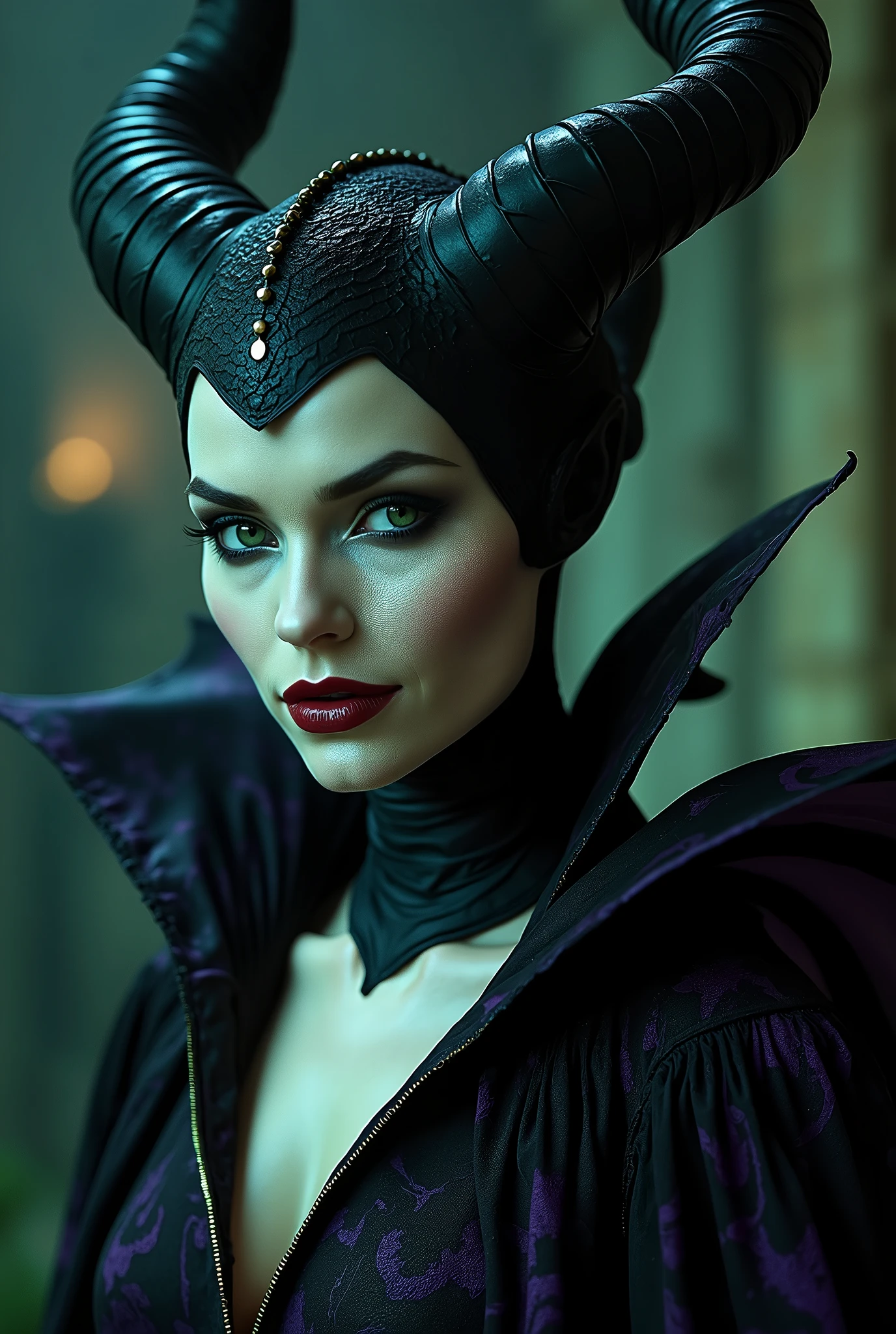 A stunning closeup portrait of Maleficent in the process of transforming into a dragon, she is not quite human, yet not quite a dragon, location is dungeon interior, purple and green light,