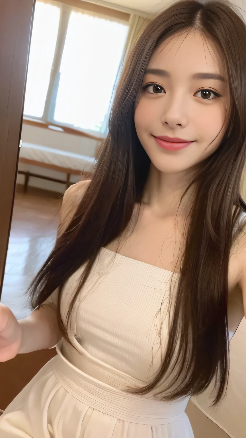 seed:2020674263.((close-up:1.2)).((Full body angle:)).((Highest quality, 8k, masterpiece:1.3)), ((from below:1.1)).concentrated:1.2, Perfect body beauty:1.4, Hips:1.2, ((Delicate Hair)), (Colorful waist cinematographed dress :1.1) , ((Highest quality、8k、masterpiece:1.3))、１A soft smile、Esbian all over body、Slim face、Big Boobs、Beautiful woman、(Dark Brown Hair)、Long Hair、1.1、Flickering Valley、Detailed eyes、double eyelid、Blurred Background、超Slim face、Smile、Looking down、stroll、