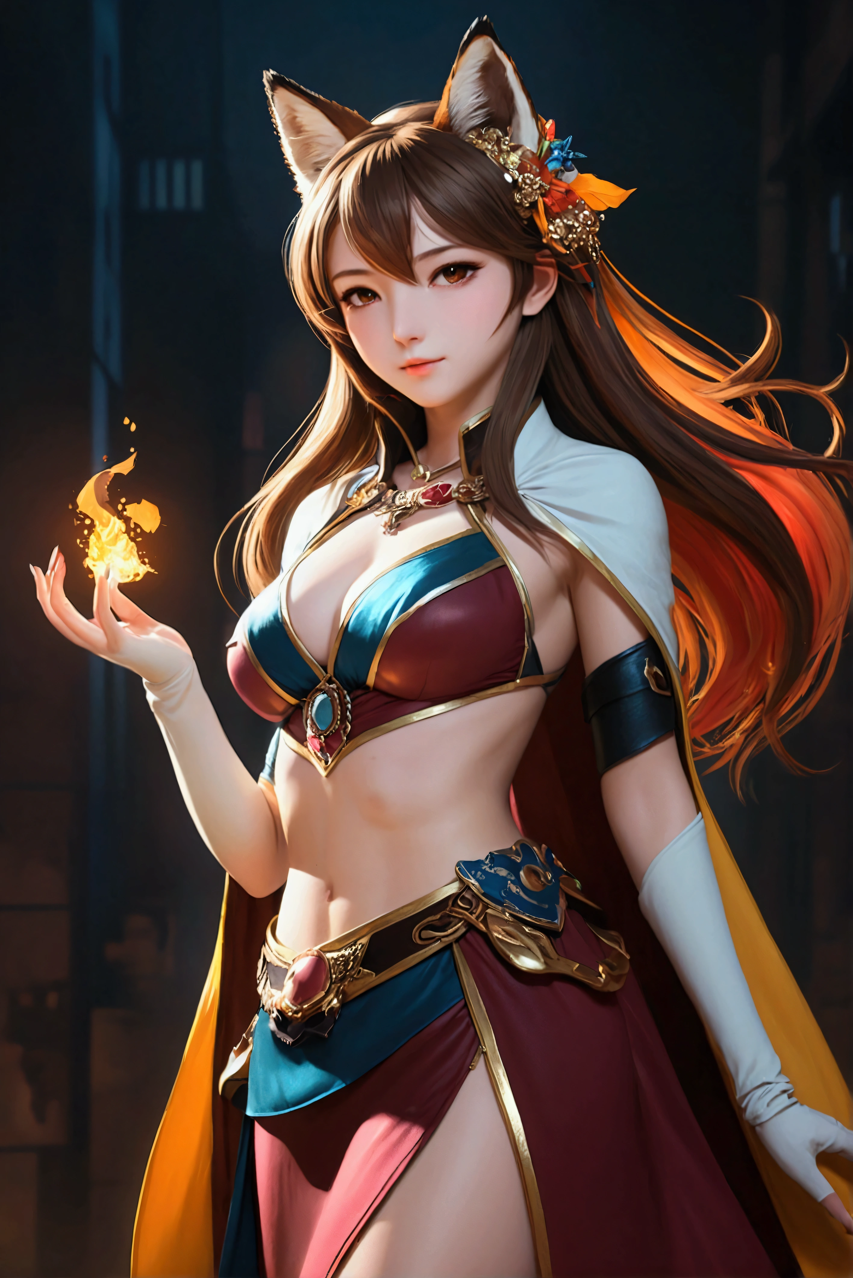 Best quality, 8K, HDR, soft lighting, picture perfect, realistic, vibrant, fox girl with brown hair, kitsune, beautiful female kitsune, digital illustration, beautiful illustration, beautiful digital artwork, exquisite digital illustration, realistic digital art, realistic style digital art, ultra high quality fantasy art, final fantasy, masterpiece, ultra high quality female character design, wallpaper illustrations of the highest quality, complex ultra high quality accurate faces of female characters, high quality design and accurate physics, ultra high quality fantasy style, masterpieces, super high quality characters, resolution - 8K, realistic art, highest quality wallpaper illustration, ultra-high facial detail, quality design and physics accuracy, by color, depth of field, shadows, ray tracing, high quality and 8K resolution computer wallpaper production, accurate simulation of the interaction of light and materials, Highly detailed hair, More about beautiful and shiny brown hair, Beautifully detailed hands perfect fingers, Beautiful nails, perfect anatomy, perfect proportions, Full-length, Perfect color combination, Accurate imitation of the interaction of light and material, art that conveys the meaning of the story, full body picture.