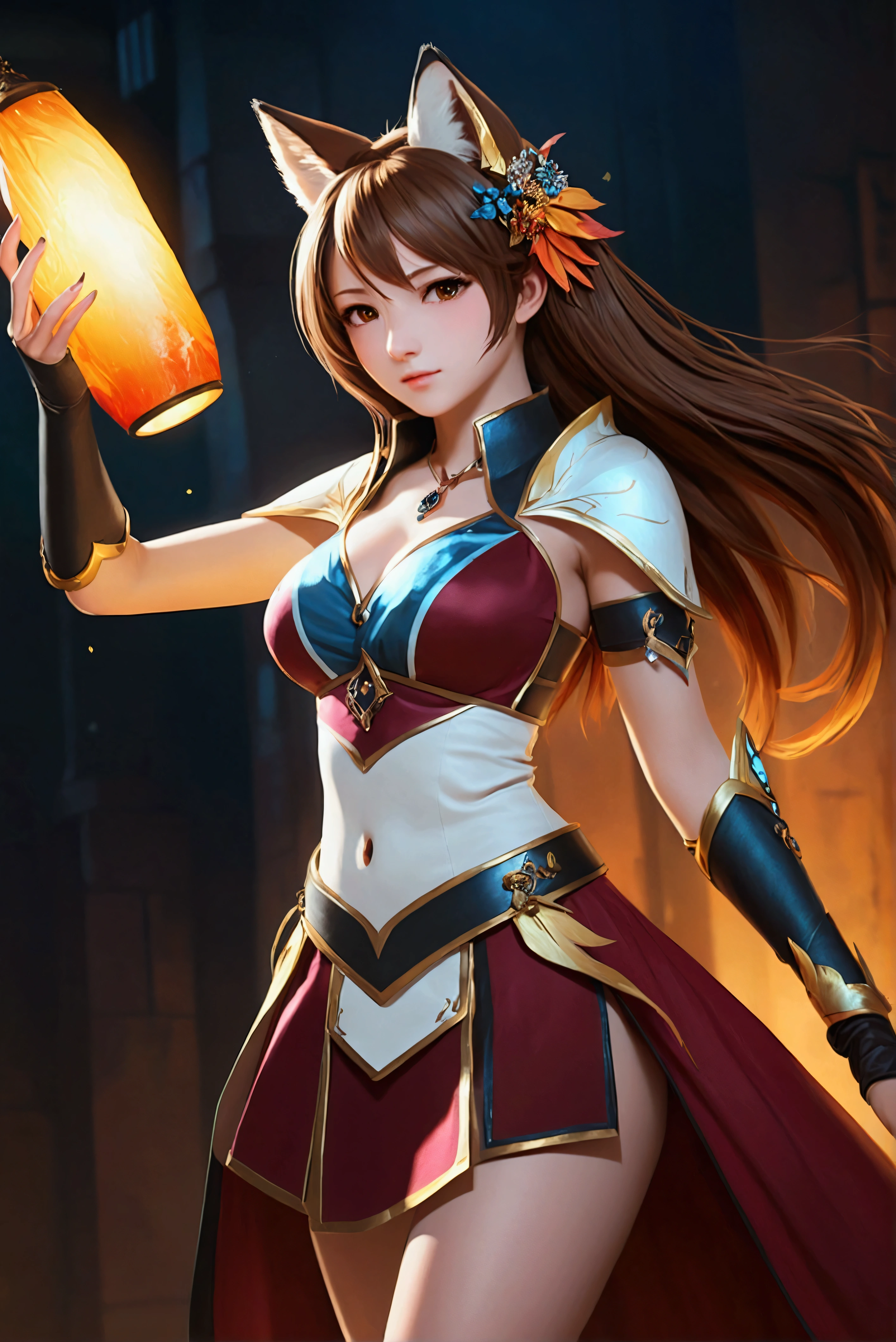 Best quality, 8K, HDR, soft lighting, picture perfect, realistic, vibrant, fox girl with brown hair, kitsune, beautiful female kitsune, digital illustration, beautiful illustration, beautiful digital artwork, exquisite digital illustration, realistic digital art, realistic style digital art, ultra high quality fantasy art, final fantasy, masterpiece, ultra high quality female character design, wallpaper illustrations of the highest quality, complex ultra high quality accurate faces of female characters, high quality design and accurate physics, ultra high quality fantasy style, masterpieces, super high quality characters, resolution - 8K, realistic art, highest quality wallpaper illustration, ultra-high facial detail, quality design and physics accuracy, by color, depth of field, shadows, ray tracing, high quality and 8K resolution computer wallpaper production, accurate simulation of the interaction of light and materials, Highly detailed hair, More about beautiful and shiny brown hair, Beautifully detailed hands perfect fingers, Beautiful nails, perfect anatomy, perfect proportions, Full-length, Perfect color combination, Accurate imitation of the interaction of light and material, art that conveys the meaning of the story, full body picture.
