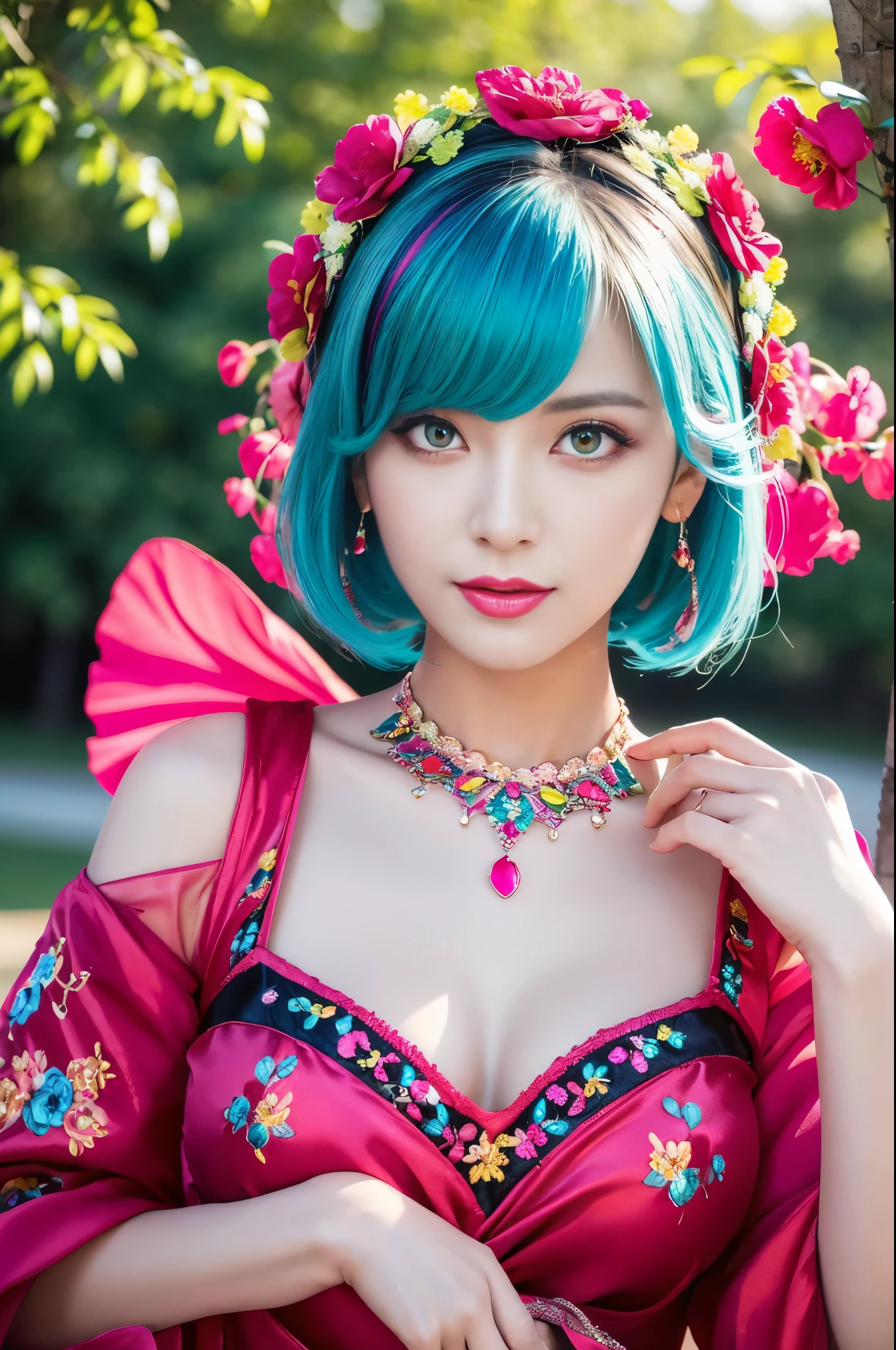(masterpiece:1.4), (best quality:1.4), ultra high res, ultra high resolution, ((detailed facial features)), HDR, (realistic, photorealistic, photo-realistic:1.37), full body Esbian, sexy swedish model, (-anime), only 1 model, vivid colors, ((vivid colors colorful (pink, lime, light blue) very short hair)), sexy smile, lipgloss, long lashes, defined eyebrows, wearing large sparkling colorful jewelery, wearing a red silk Paradise Kiss cosplay dress with black floral embroidery, ((vivid colors outfit)), vivid colors, look at the camera, cinematic light, large park background with trees, sweet and sexy pose