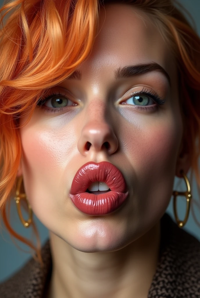 Scarlett Johanssen in a portrait photo with bright hair, make her lips in 8, like a lips fish. She make vacuum her cheeks, what a lips taked form like 8