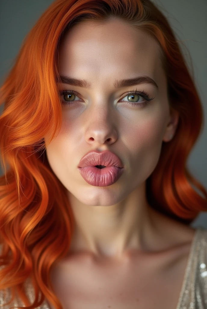 Scarlett Johanssen in a portrait photo with bright hair, make her lips in 8, like a lips fish. She make vacuum her cheeks, what a lips taked form like 8