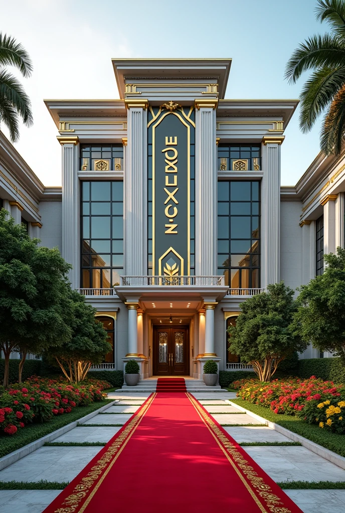A luxurious, presidential standard company headquarters with the name NEXUS(CEO) on it and red carpet on entrance with Singaporean architecture,grass, flowers and on it's own space and compound where is the name NEXUS (CEO) can't see the words I want it more bold and exquisite