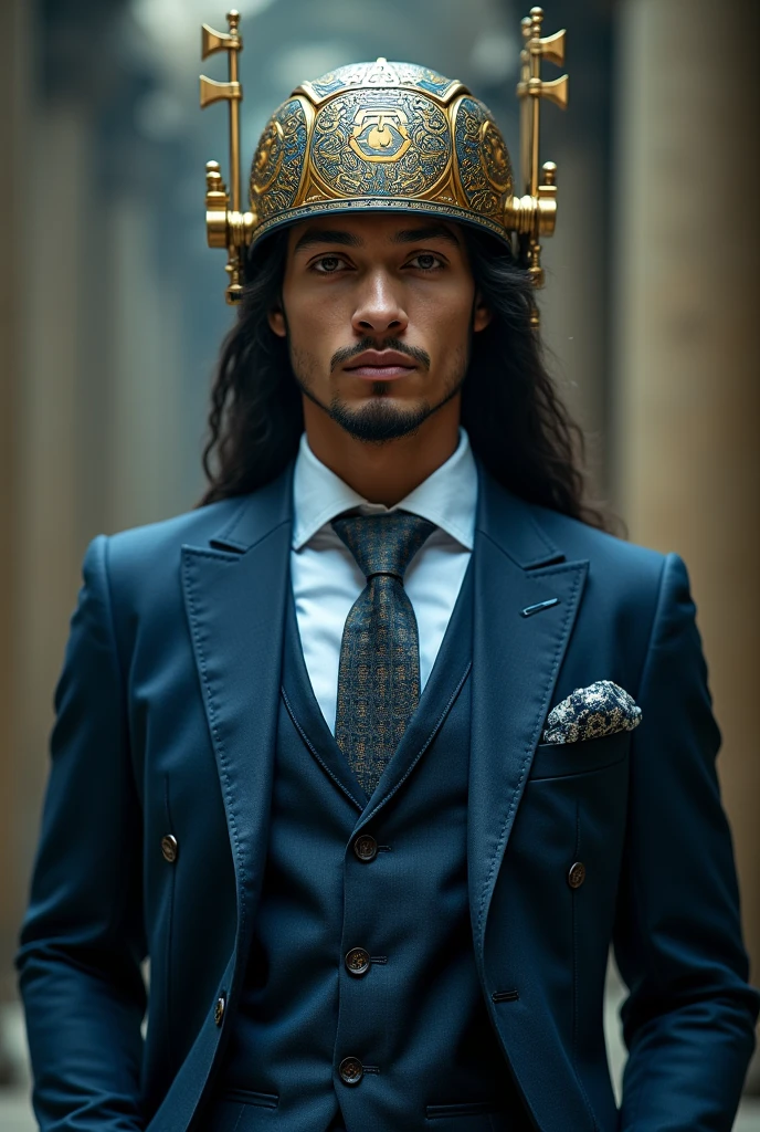 Man wearing suit that mixes modern elements with ancestral symbolism, with blue and gold colors representing wisdom and truth. He wears a helmet with Mayan patterns that amplifies his telepathic abilities..
