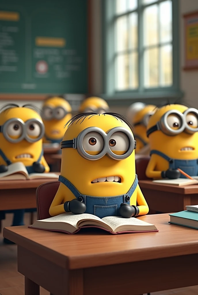 minions sitting in classroom reading