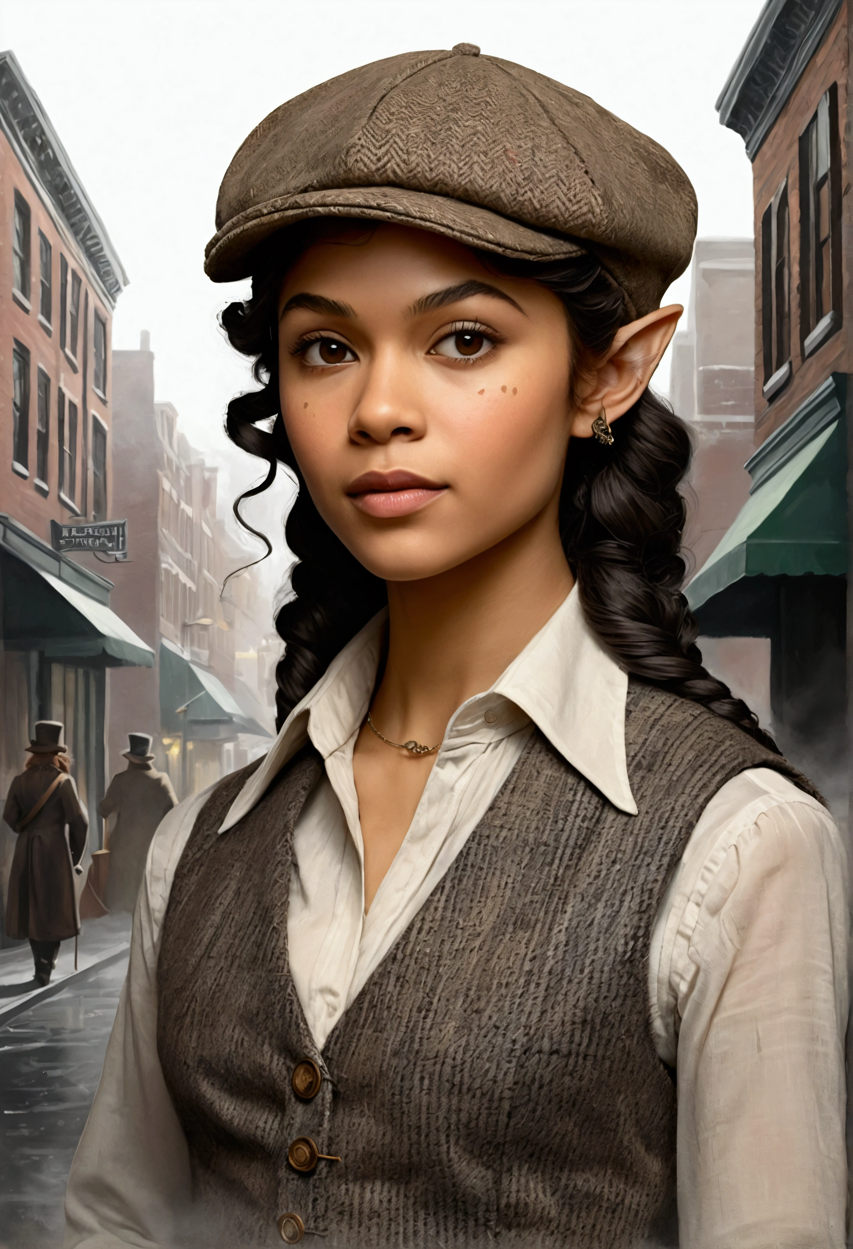 An illustrated movie poster, hand-drawn, full color, an elven maiden, wearing a tweed vest and a newsie cap, athletic hourglass figure, long pointy elf ears, dark hair, curly bob cut, warm almond skintone, freckles, resembles Zendaya, standing on a foggy victorian-era street corner, graphite shading, stencil marks, airbrushed acrylic paint, masterpiece, in the style of the Sherlock Holmes, elf ears