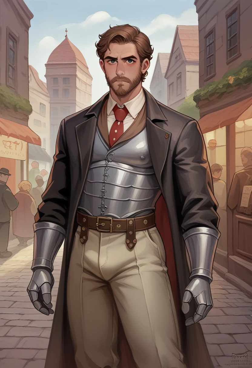 "Create an image of a male character standing and looking directly at the camera. He has a well-groomed brown beard and medium-length brown hair. His attire is a fusion of medieval and futuristic styles: a long, dark coat with intricate embroidery, a high-collared shirt with metallic accents, and leather gloves. His eyes are intense, reflecting his serious and determined nature as a detective. The setting is a dimly lit alleyway with cobblestone streets, where the atmosphere blends gothic elements with subtle hints of advanced technology, like a faint glow from a device on his belt."