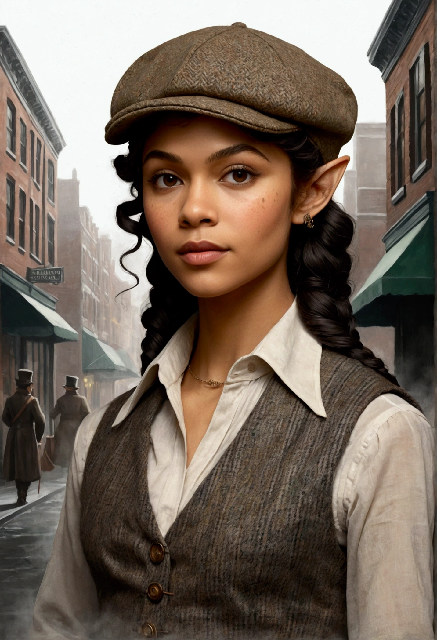 An illustrated movie poster, hand-drawn, full color, a teenage elven girl, wearing a tweed vest and a newsie cap, athletic hourglass figure, long pointy elf ears, amber eyes, dark hair, messy curls, deep sun-tanned skintone, standing on a foggy victorian-era street corner, graphite shading, stencil marks, airbrushed acrylic paint, masterpiece, in the style of the Sherlock Holmes, elf ears