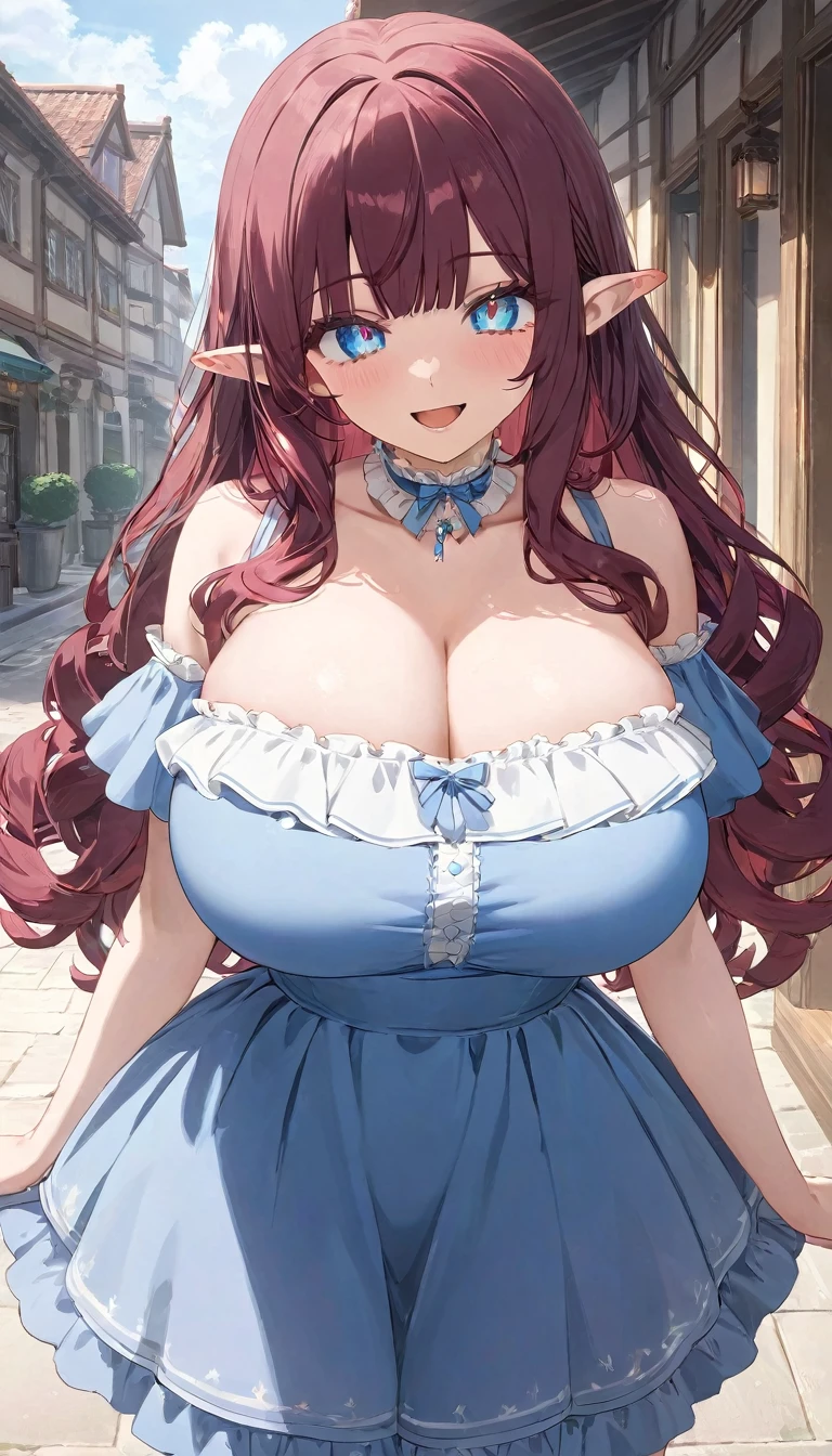 (masterpiece), best quality, highly detailed, absurdres, source_anime, anime screencap, 1girl, huge breasts, (maroon hair:1.2), long hair, (wavy hair:1.1), light detailed eyes, blue eyes, full bangs, (blue flared dress:1.2), short skirt, frills, frilled choket, (standing:1.1), smile, open mouth, pointy ears, (make-up, eyeshadow:1.1), outside,