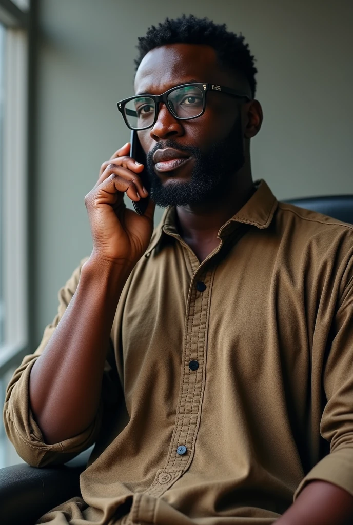 Photo 1 : jeune homme d’affaires de la trentaine,Complexion ,big of you, dressed in woven wool khimri from northern Cameroon who is talking on the phone and he wears very black glasses smoking Who looks to the left