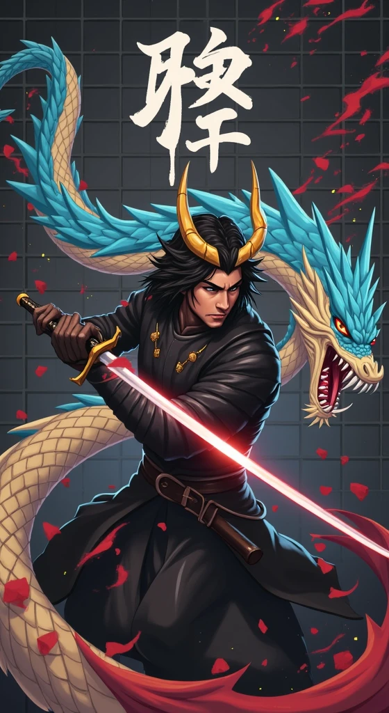 Create a manga/anime-style illustration of a samurai battling an oriental dragon. The samurai, clad in black armor and a helmet with golden horns, wields a katana in a dynamic attack pose. His face shows fierce determination. The dragon, with electric blue scales and a beige underbelly, coils around the warrior. Its eyes glow with fury, and its open maw reveals sharp fangs. Its mane and whiskers flow dramatically. The background features a white grid on black, with scattered Japanese kanji. At the top, "SAMURAI" in stylized white letters with blue accents. Use an urban/graffiti art style with thick outlines and vibrant colors. Incorporate blue splashes and abstract strokes for energy. Add metallic details on the armor and light effects on the dragon's scales. The composition should convey intense action and clashing forces, fusing traditional Japanese elements with modern, urban aesthetics.