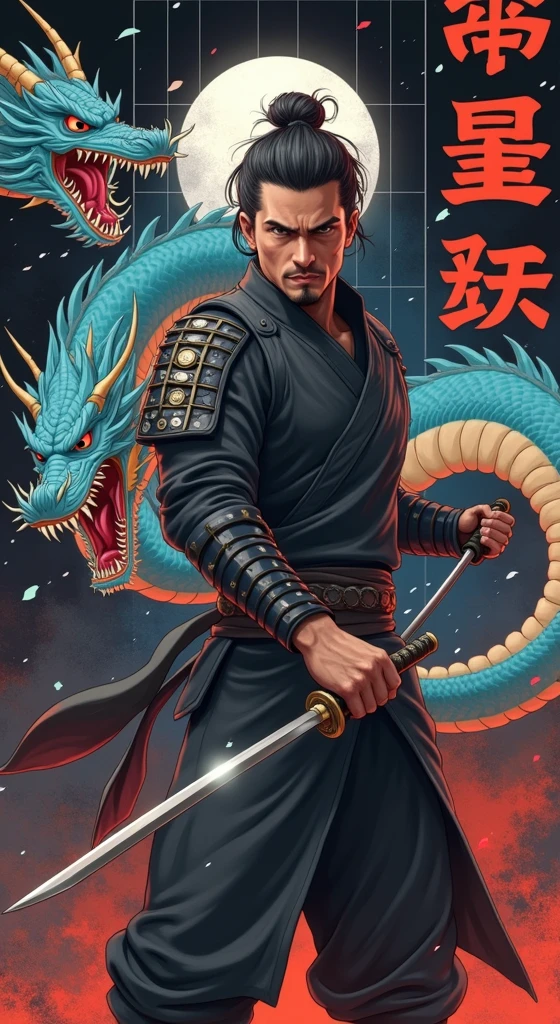 Create a manga/anime-style illustration of a samurai battling an oriental dragon. The samurai, clad in black armor and a helmet with golden horns, wields a katana in a dynamic attack pose. His face shows fierce determination. The dragon, with electric blue scales and a beige underbelly, coils around the warrior. Its eyes glow with fury, and its open maw reveals sharp fangs. Its mane and whiskers flow dramatically. The background features a white grid on black, with scattered Japanese kanji. At the top, "SAMURAI" in stylized white letters with blue accents. Use an urban/graffiti art style with thick outlines and vibrant colors. Incorporate blue splashes and abstract strokes for energy. Add metallic details on the armor and light effects on the dragon's scales. The composition should convey intense action and clashing forces, fusing traditional Japanese elements with modern, urban aesthetics.