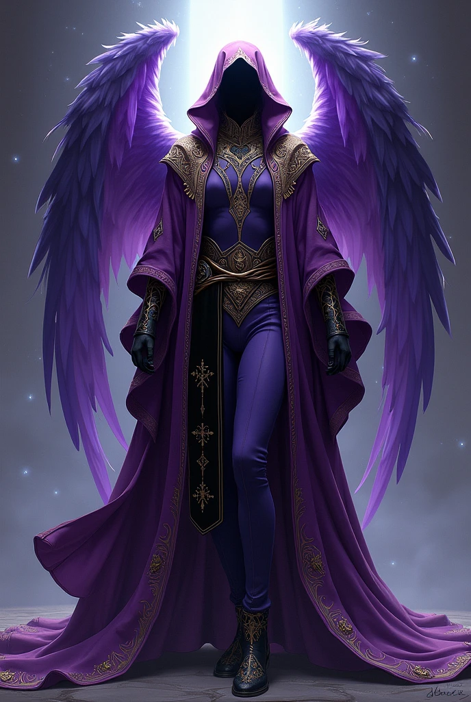 Void wears a lush robe in shades of deep purple, that symbolize the connection between the earthly and heavenly realms. The tunic is richly embroidered with gold threads, creating intricate patterns that tell cosmic stories in every detail.

The upper part of the tunic is adorned with a high collar, which extends majestically to the jawline, giving it an imposing presence. Wide sleeves flow elegantly, decorated with patterns reminiscent of the ever-evolving expansion of the universe.

Na cintura, a wide strip of black velvet, embroidered with arcane symbols in gleaming gold, highlights your divine figure. The tunic extends to the ankles, ending in a hem richly decorated with star motifs that glow subtly in the darkness.

Void wears fitted pants in a lighter shade of purple, providing a visual contrast that highlights the complexity of your outfit. Your shoes, also in a darker tone, have delicate details that echo the patterns present in the tunic.

A striking feature is the opening at the back of the tunic., allowing Void&#39;s celestial wings to spread majestically when needed. Essas asas, in shades of violet and ethereal blue, create a stunning contrast with the rest of the outfit.

Void&#39;s divine aura is accentuated by the vibrant colors and meticulous details of his outfit., reflecting his nature as the God of the Supernatural and Guardian of the Unknown.