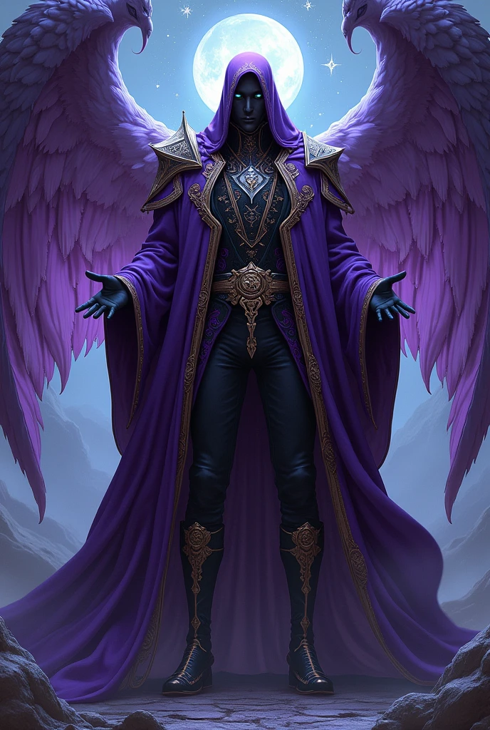 Void wears a lush robe in shades of deep purple, that symbolize the connection between the earthly and heavenly realms. The tunic is richly embroidered with gold threads, creating intricate patterns that tell cosmic stories in every detail.
The upper part of the tunic is adorned with a high collar, which extends majestically to the jawline, giving it an imposing presence. Wide sleeves flow elegantly, decorated with patterns reminiscent of the ever-evolving expansion of the universe.
Na cintura, a wide strip of black velvet, embroidered with arcane symbols in gleaming gold, highlights your divine figure. The tunic extends to the ankles, ending in a hem richly decorated with star motifs that glow subtly in the darkness.
Void wears fitted pants in a lighter shade of purple, providing a visual contrast that highlights the complexity of your outfit. Your shoes, also in a darker tone, have delicate details that echo the patterns present in the tunic.
A striking feature is the opening at the back of the tunic., allowing Void's celestial wings to spread majestically when needed. Essas asas, in shades of violet and ethereal blue, create a stunning contrast with the rest of the outfit.
Void's divine aura is accentuated by the vibrant colors and meticulous details of his outfit., reflecting his nature as the God of the Supernatural and Guardian of the Unknown.