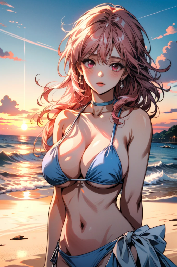 ((ultra detailed, masterpiece, best quality))
 DOA Honoka, 1girl, solo, (wearing a sky blue color bikini), large breast, pink hair, long hair, On a beach during a vibrant sunset, playing with the waves,