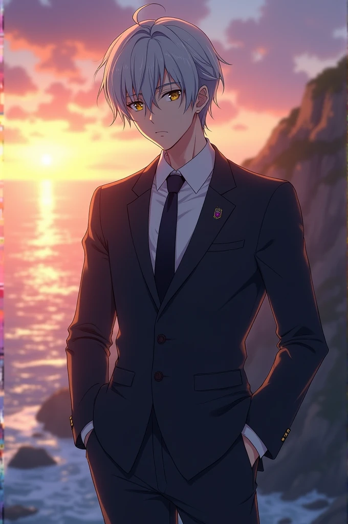 Well look, I just want a very very realistic anime character with a suit that can be seen from the waist up, The background should be standing in front of a cliff and the sea in the background while it is sunset, Its characteristics are, dull silver hair color, His eyes are a very dull crystal blue and his gaze is serious., your hair should not be so long, I want part of my hair combed back, that he looks serious and that he is mature, about 2, physically strong, imposing