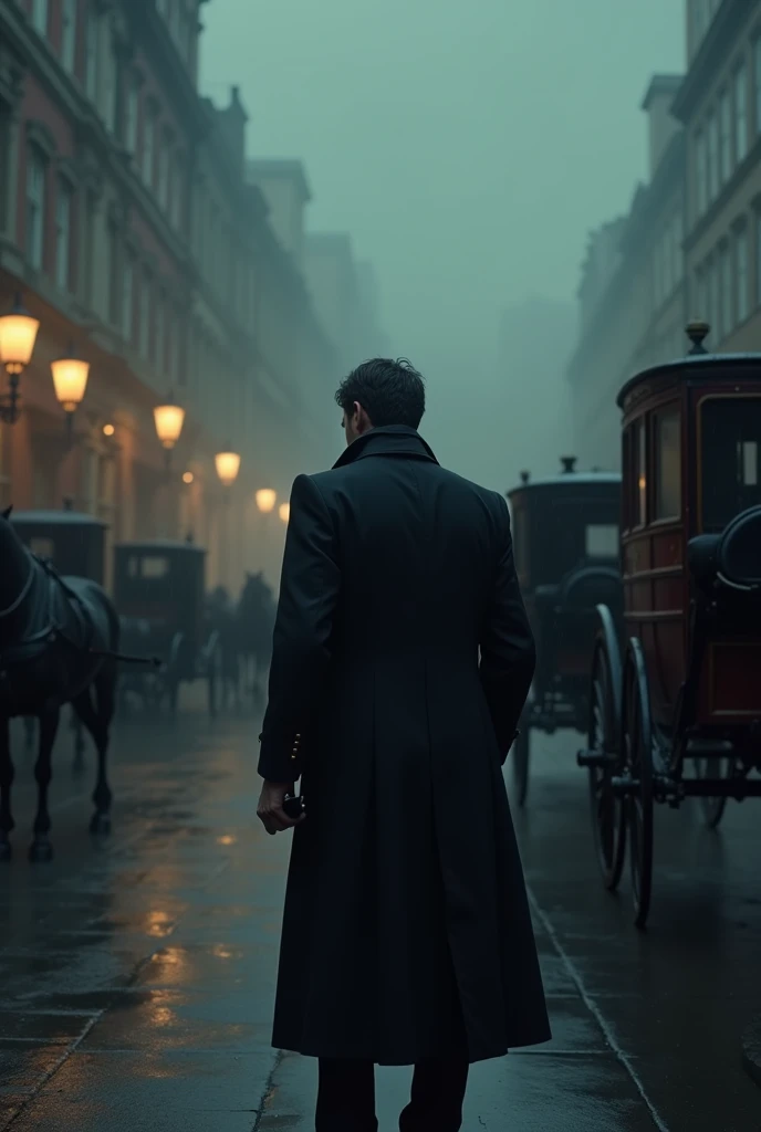 generates an image of the Victorian era, where there is rain, mystery, carriages, a man with his back turned wearing a black coat and a black notebook in his hand